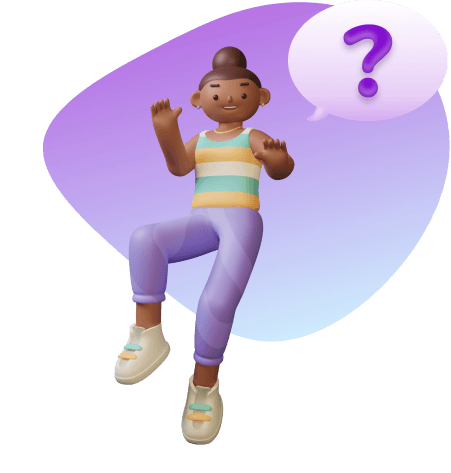 Uma personagem, vestida com uma roupa casual, ao lado de um balão de dúvida.